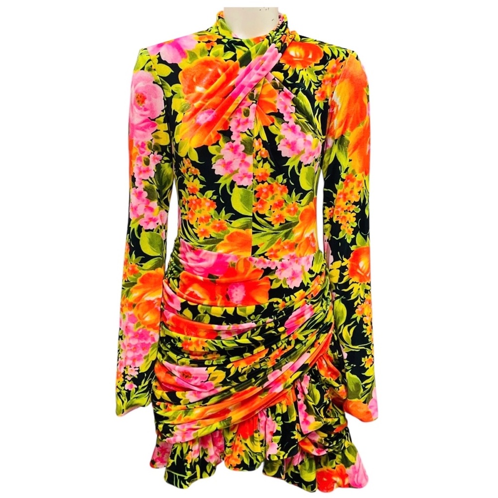 RICHARD QUINN ORANGE MULTI RUCHED FLORAL VELVET MINI DRESS